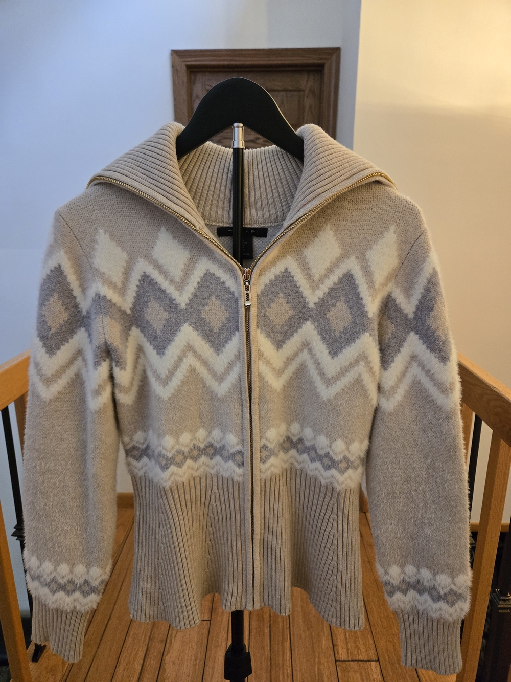 Tahari Knit Sweater Jacket - Taupe & Cream